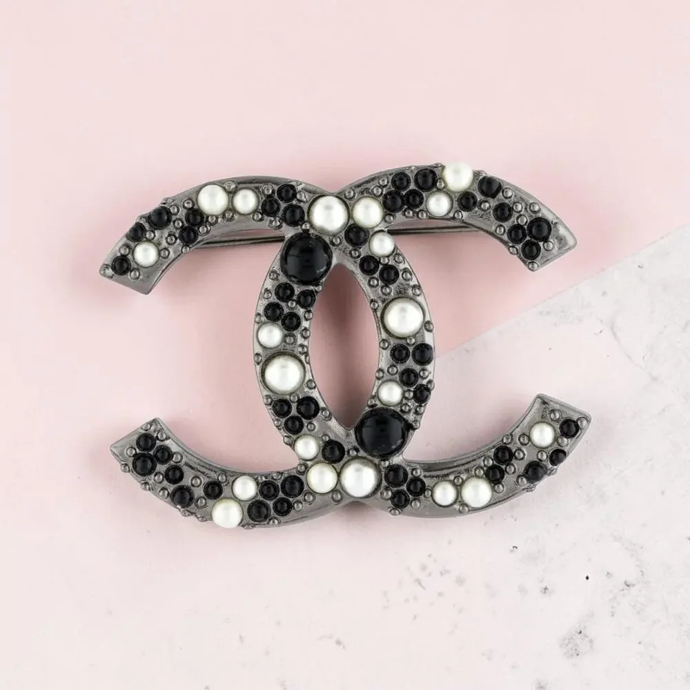 Chanel Silver-tone Faux Pearl Resin Interlocking CC Pin Brooch